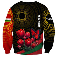 Tajikistan Sweatshirt Tulip with Red Floral Butterfly with Black Gold Folk Pattern