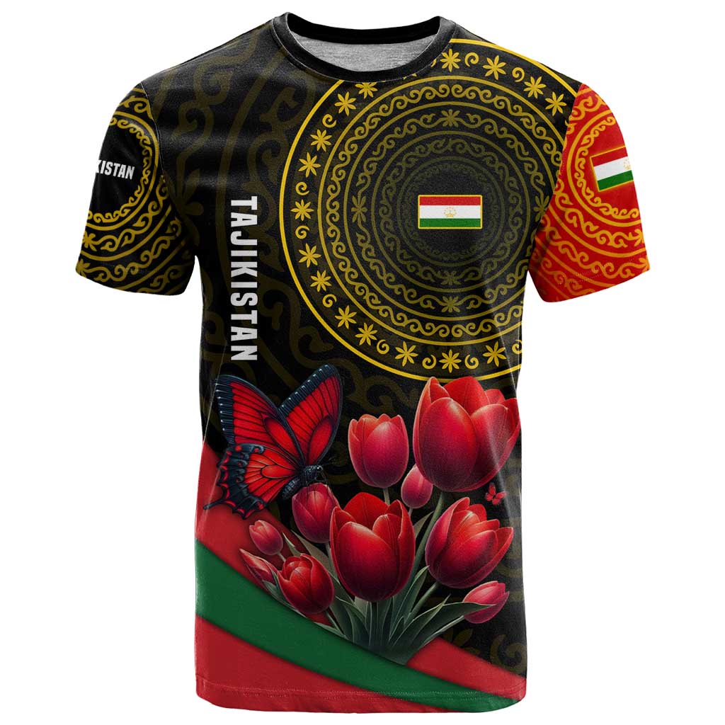 Tajikistan T Shirt Tulip with Red Floral Butterfly with Black Gold Folk Pattern