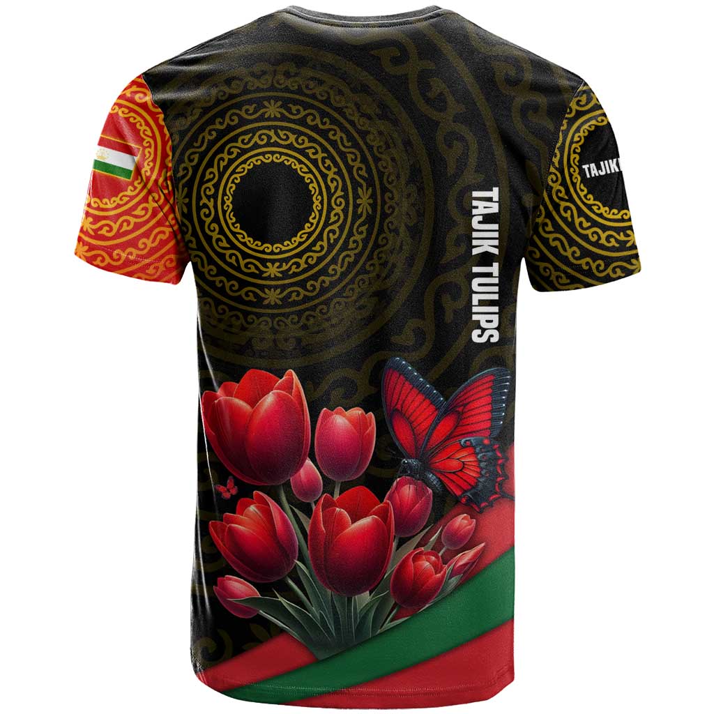 Tajikistan T Shirt Tulip with Red Floral Butterfly with Black Gold Folk Pattern