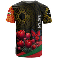Tajikistan T Shirt Tulip with Red Floral Butterfly with Black Gold Folk Pattern