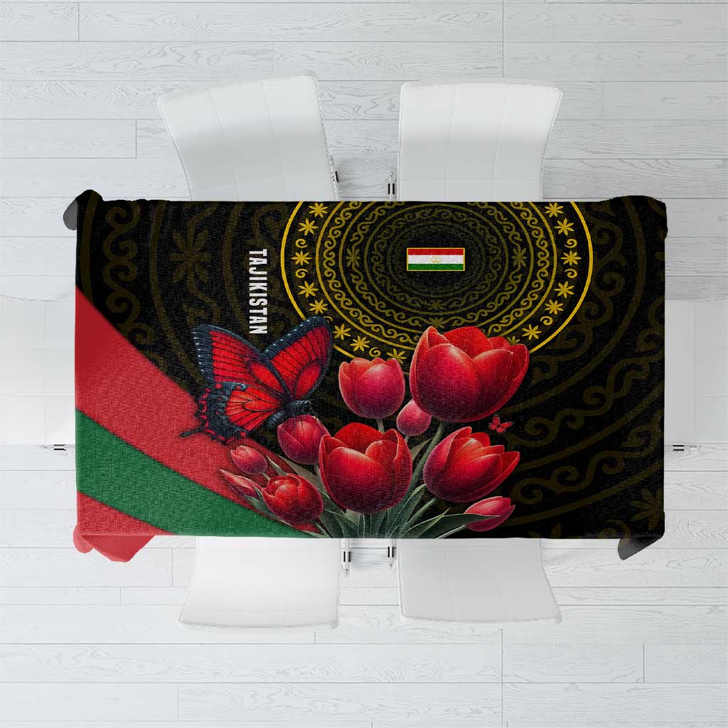 Tajikistan Tablecloth Tulip with Red Floral Butterfly with Black Gold Folk Pattern