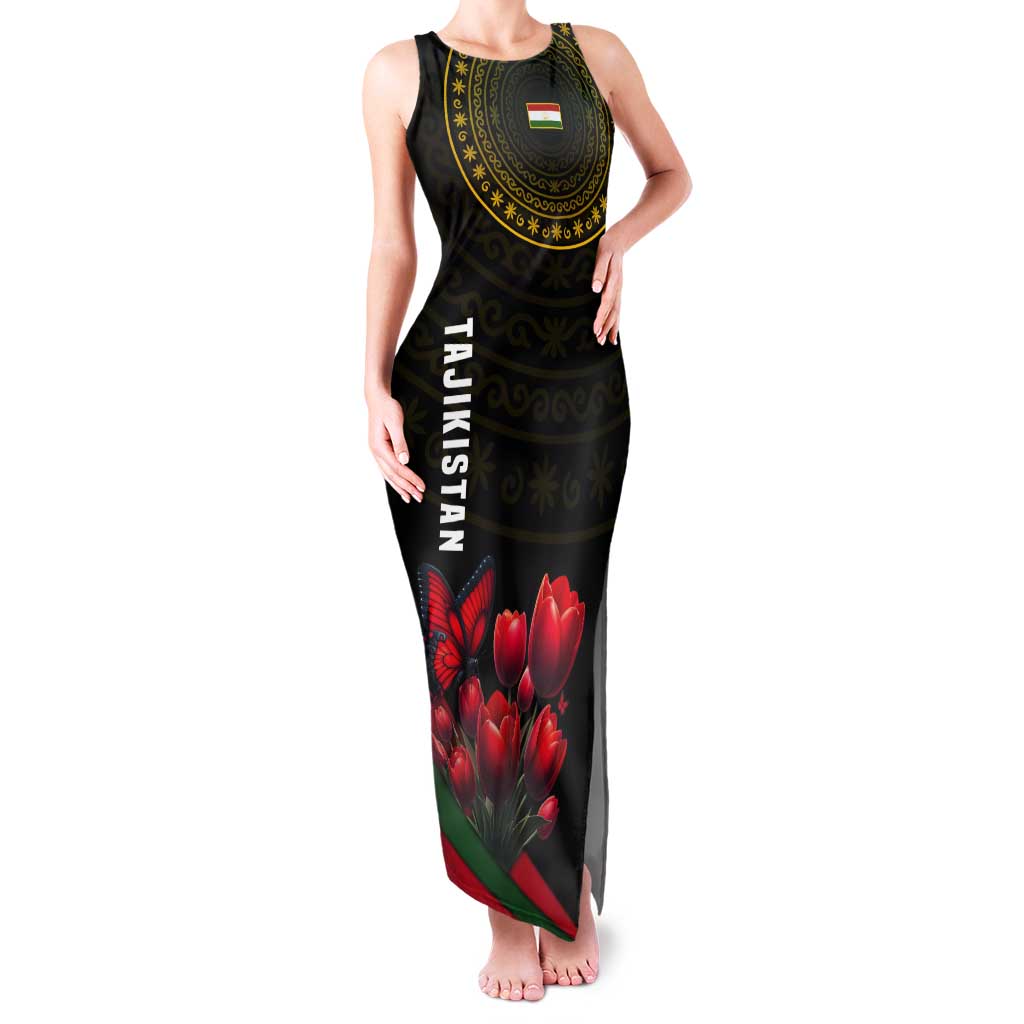 Tajikistan Tank Maxi Dress Tulip with Red Floral Butterfly with Black Gold Folk Pattern