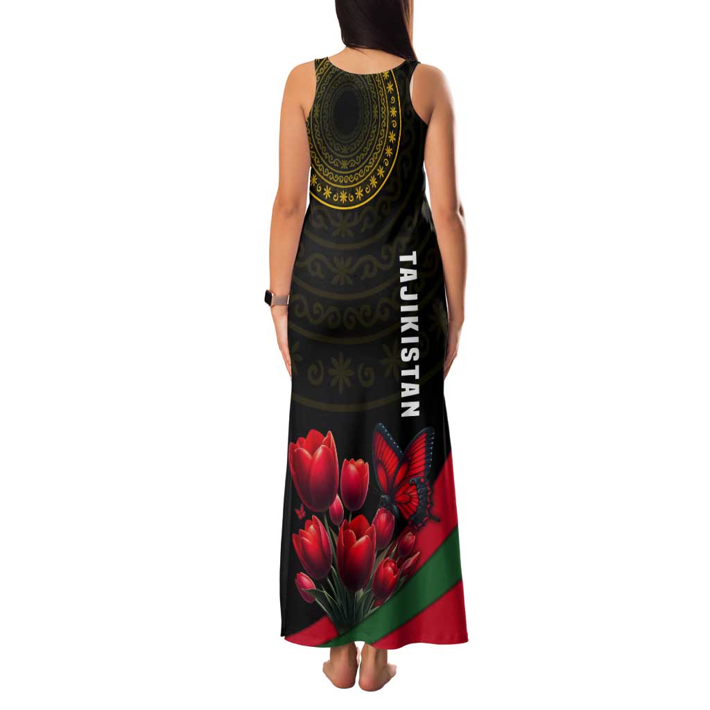 Tajikistan Tank Maxi Dress Tulip with Red Floral Butterfly with Black Gold Folk Pattern