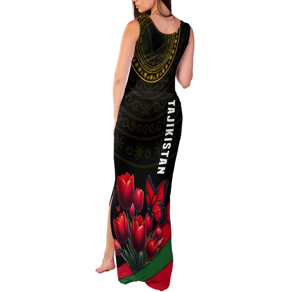 Tajikistan Tank Maxi Dress Tulip with Red Floral Butterfly with Black Gold Folk Pattern