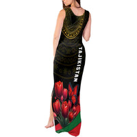 Tajikistan Tank Maxi Dress Tulip with Red Floral Butterfly with Black Gold Folk Pattern