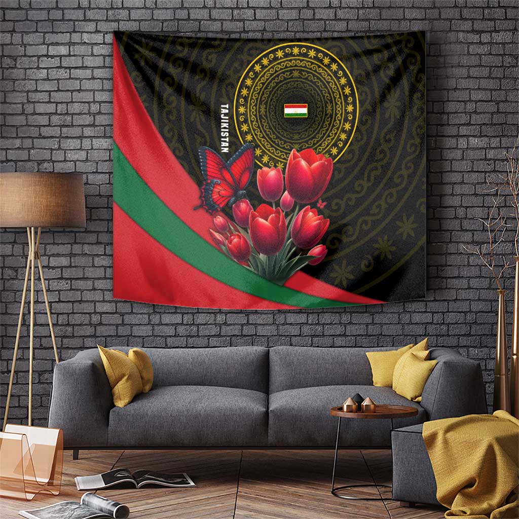 Tajikistan Tapestry Tulip with Red Floral Butterfly with Black Gold Folk Pattern