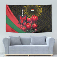 Tajikistan Tapestry Tulip with Red Floral Butterfly with Black Gold Folk Pattern