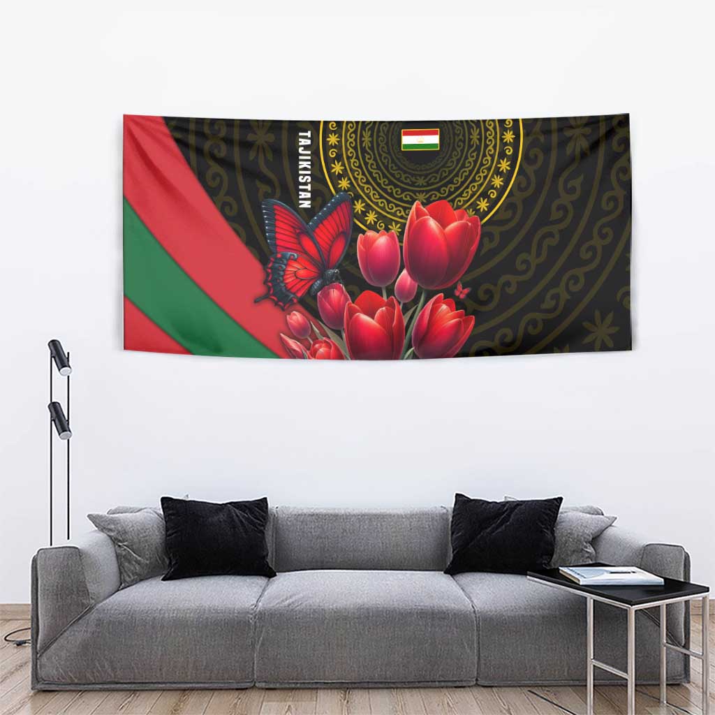 Tajikistan Tapestry Tulip with Red Floral Butterfly with Black Gold Folk Pattern