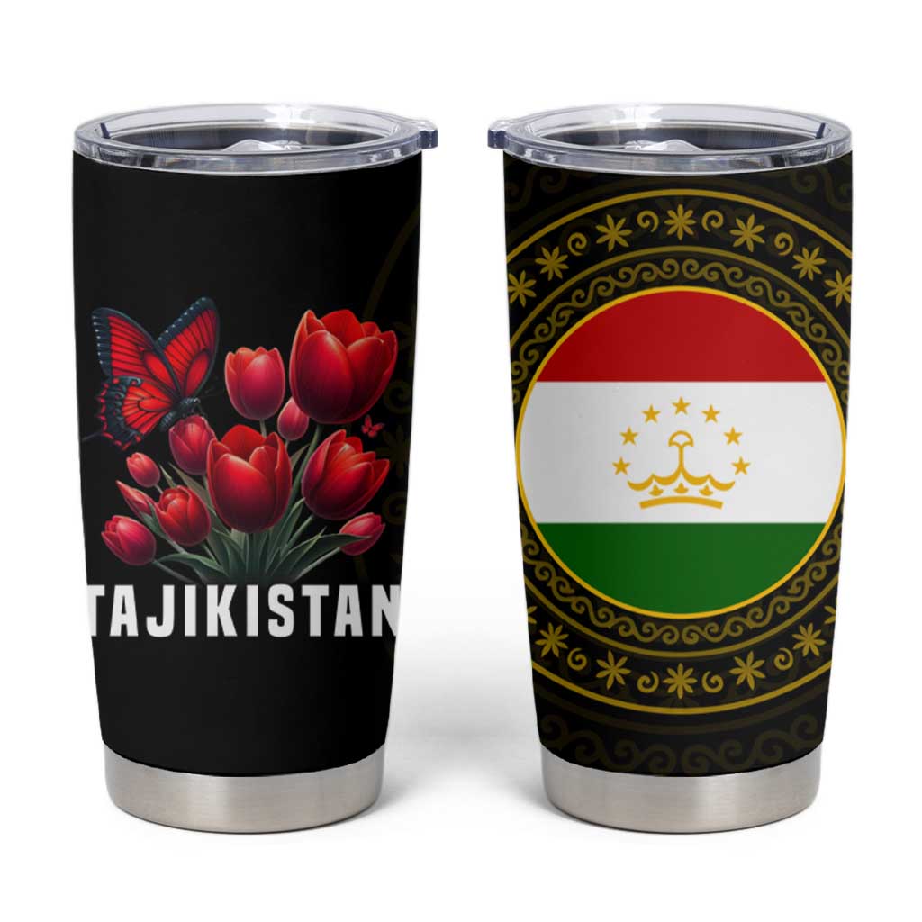 Tajikistan Tumbler Cup Tulip with Red Floral Butterfly with Black Gold Folk Pattern