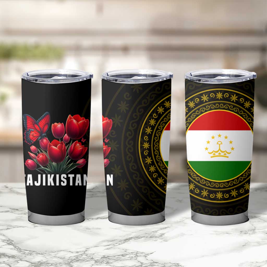 Tajikistan Tumbler Cup Tulip with Red Floral Butterfly with Black Gold Folk Pattern