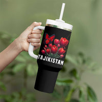 Tajikistan Tumbler With Handle Tulip with Red Floral Butterfly with Black Gold Folk Pattern