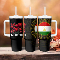 Tajikistan Tumbler With Handle Tulip with Red Floral Butterfly with Black Gold Folk Pattern