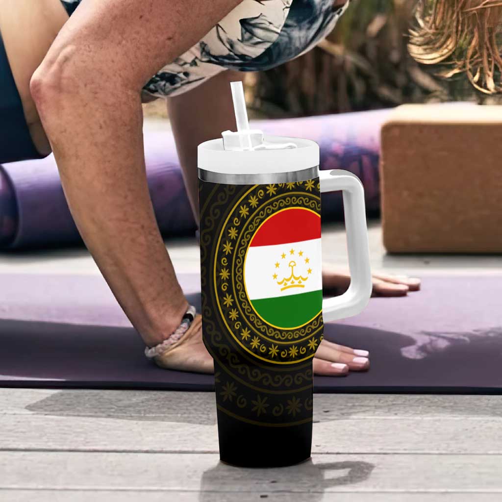 Tajikistan Tumbler With Handle Tulip with Red Floral Butterfly with Black Gold Folk Pattern