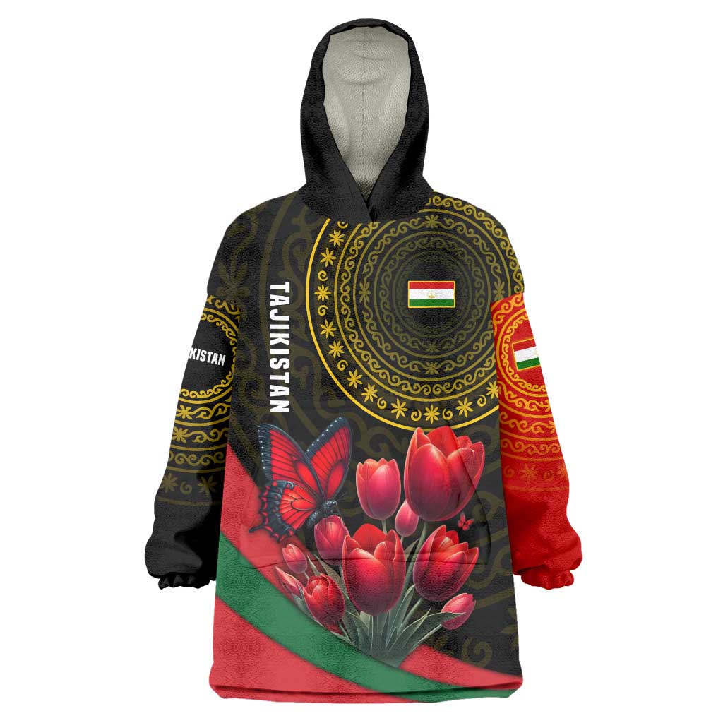 Tajikistan Wearable Blanket Hoodie Tulip with Red Floral Butterfly with Black Gold Folk Pattern