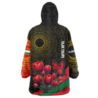 Tajikistan Wearable Blanket Hoodie Tulip with Red Floral Butterfly with Black Gold Folk Pattern