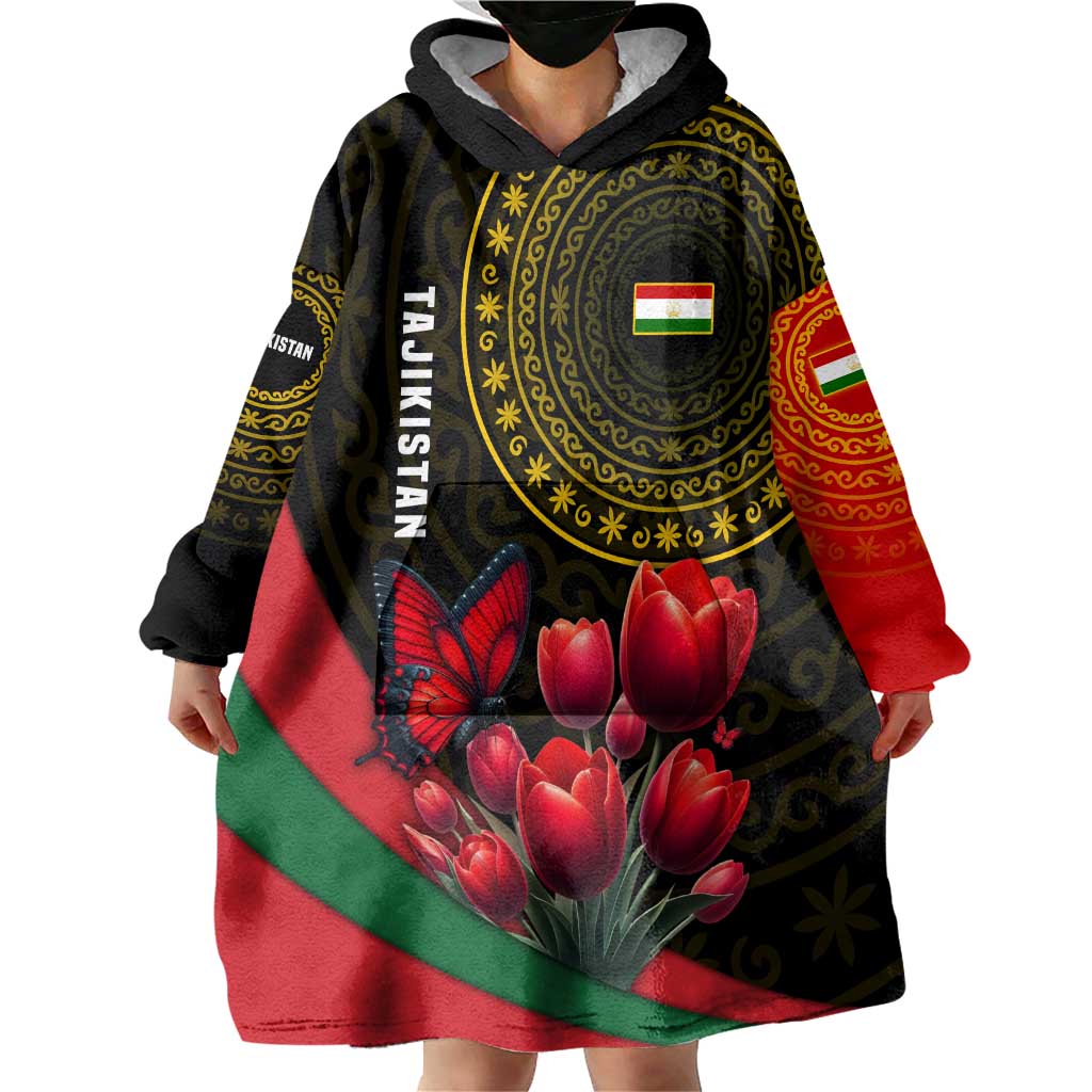 Tajikistan Wearable Blanket Hoodie Tulip with Red Floral Butterfly with Black Gold Folk Pattern