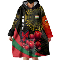Tajikistan Wearable Blanket Hoodie Tulip with Red Floral Butterfly with Black Gold Folk Pattern