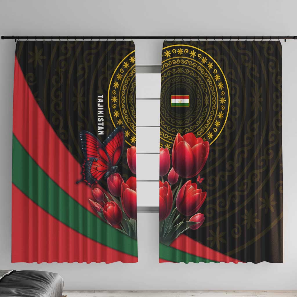 Tajikistan Window Curtain Tulip with Red Floral Butterfly with Black Gold Folk Pattern