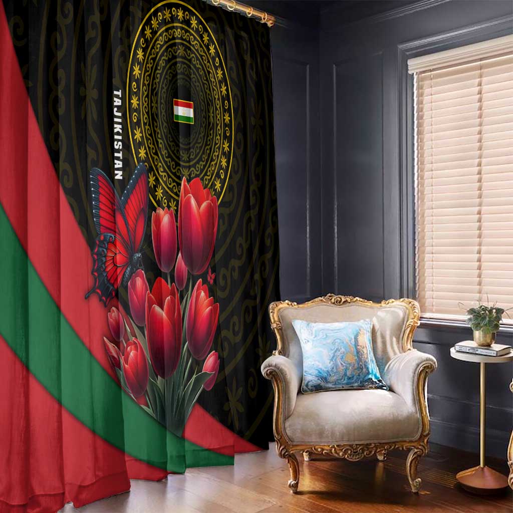 Tajikistan Window Curtain Tulip with Red Floral Butterfly with Black Gold Folk Pattern