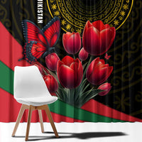Tajikistan Window Curtain Tulip with Red Floral Butterfly with Black Gold Folk Pattern