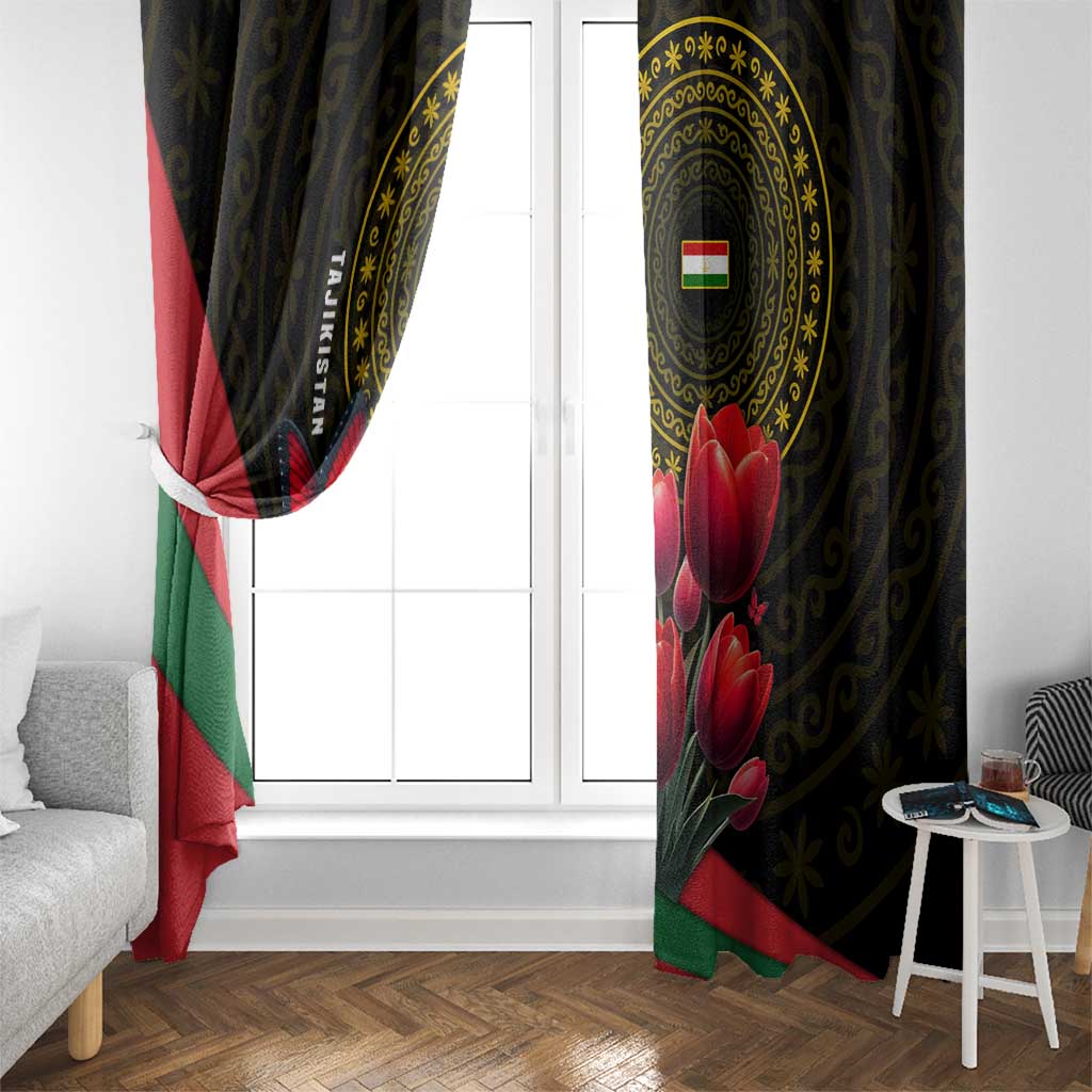 Tajikistan Window Curtain Tulip with Red Floral Butterfly with Black Gold Folk Pattern