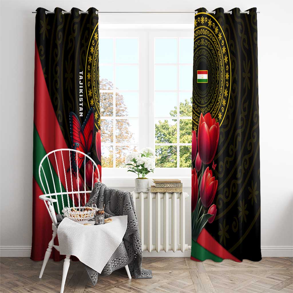 Tajikistan Window Curtain Tulip with Red Floral Butterfly with Black Gold Folk Pattern