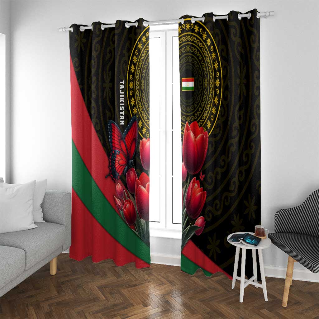 Tajikistan Window Curtain Tulip with Red Floral Butterfly with Black Gold Folk Pattern