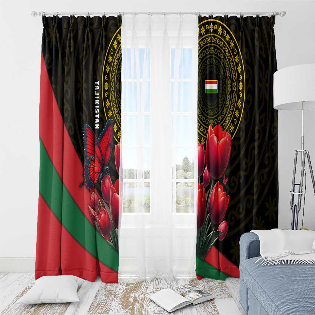 Tajikistan Window Curtain Tulip with Red Floral Butterfly with Black Gold Folk Pattern