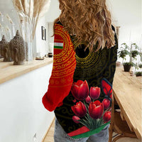 Tajikistan Women Casual Shirt Tulip with Red Floral Butterfly with Black Gold Folk Pattern