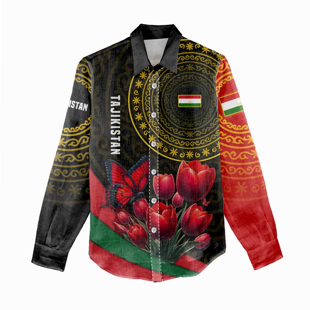 Tajikistan Women Casual Shirt Tulip with Red Floral Butterfly with Black Gold Folk Pattern