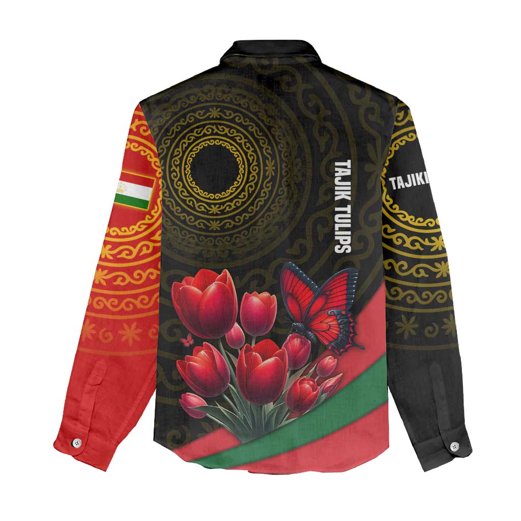 Tajikistan Women Casual Shirt Tulip with Red Floral Butterfly with Black Gold Folk Pattern