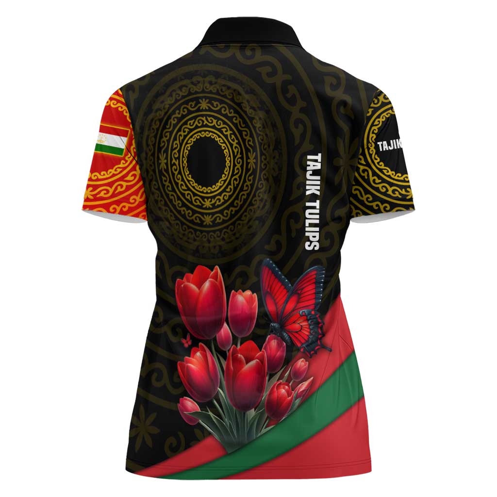 Tajikistan Women Polo Shirt Tulip with Red Floral Butterfly with Black Gold Folk Pattern