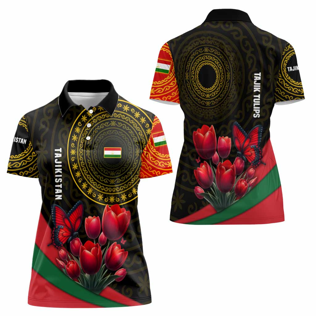 Tajikistan Women Polo Shirt Tulip with Red Floral Butterfly with Black Gold Folk Pattern
