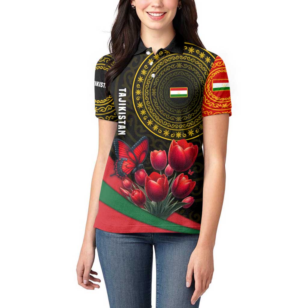Tajikistan Women Polo Shirt Tulip with Red Floral Butterfly with Black Gold Folk Pattern