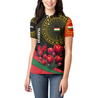 Tajikistan Women Polo Shirt Tulip with Red Floral Butterfly with Black Gold Folk Pattern