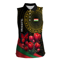 Tajikistan Women Sleeveless Polo Shirt Tulip with Red Floral Butterfly with Black Gold Folk Pattern