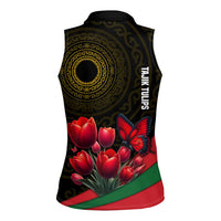 Tajikistan Women Sleeveless Polo Shirt Tulip with Red Floral Butterfly with Black Gold Folk Pattern