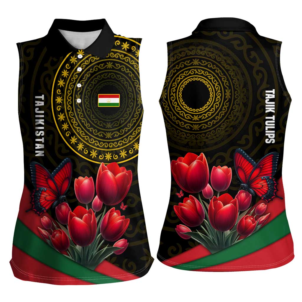 Tajikistan Women Sleeveless Polo Shirt Tulip with Red Floral Butterfly with Black Gold Folk Pattern