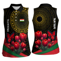 Tajikistan Women Sleeveless Polo Shirt Tulip with Red Floral Butterfly with Black Gold Folk Pattern