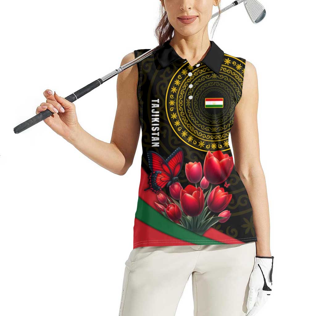 Tajikistan Women Sleeveless Polo Shirt Tulip with Red Floral Butterfly with Black Gold Folk Pattern
