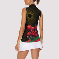 Tajikistan Women Sleeveless Polo Shirt Tulip with Red Floral Butterfly with Black Gold Folk Pattern