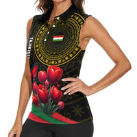 Tajikistan Women Sleeveless Polo Shirt Tulip with Red Floral Butterfly with Black Gold Folk Pattern