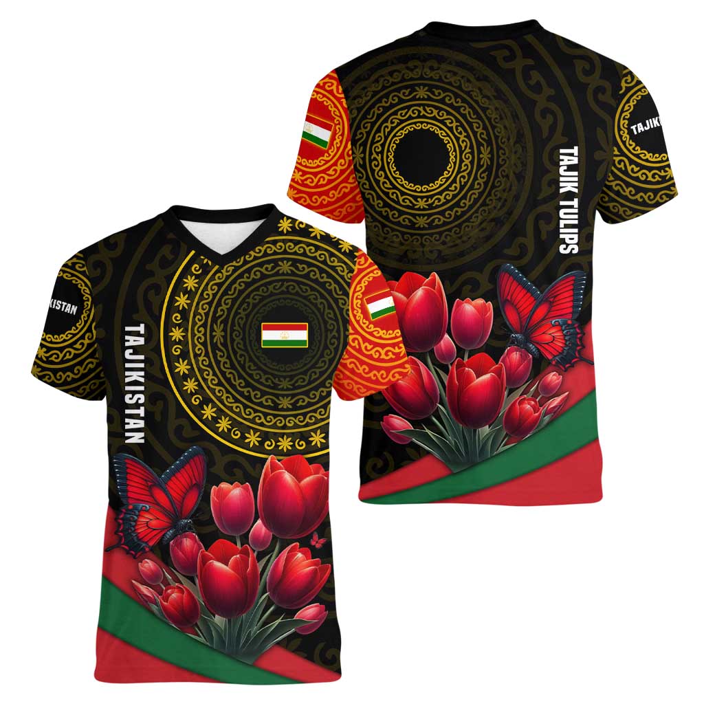 Tajikistan Women V-Neck T-Shirt Tulip with Red Floral Butterfly with Black Gold Folk Pattern