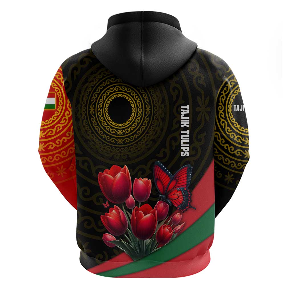 Tajikistan Zip Hoodie Tulip with Red Floral Butterfly with Black Gold Folk Pattern