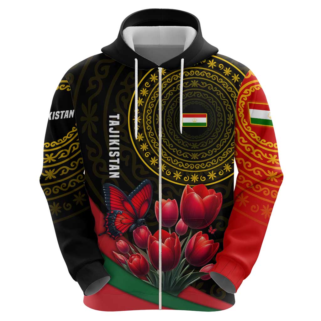 Tajikistan Zip Hoodie Tulip with Red Floral Butterfly with Black Gold Folk Pattern