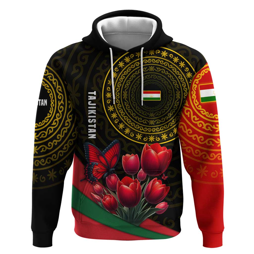 Tajikistan Zip Hoodie Tulip with Red Floral Butterfly with Black Gold Folk Pattern