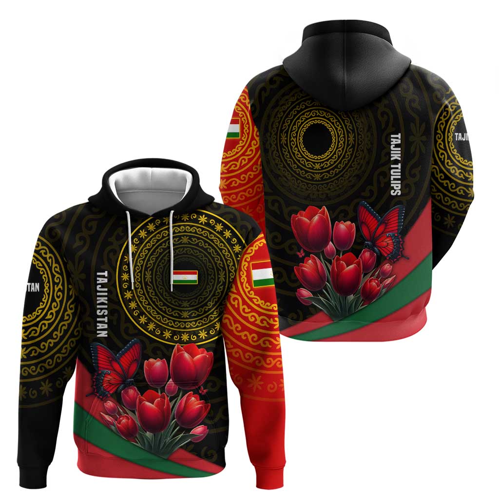Tajikistan Zip Hoodie Tulip with Red Floral Butterfly with Black Gold Folk Pattern