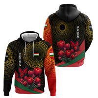 Tajikistan Zip Hoodie Tulip with Red Floral Butterfly with Black Gold Folk Pattern
