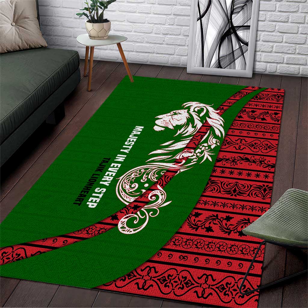 Tajikistan Green Lion Area Rug with Red Folk Pattern with Majestic Script