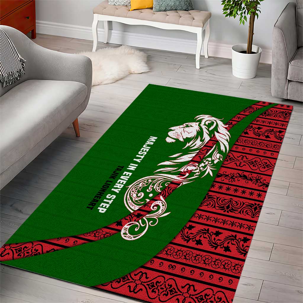 Tajikistan Green Lion Area Rug with Red Folk Pattern with Majestic Script